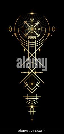 Gold Vegvisir navigation compass ancient. Old Magic sign viking art deco. The Vikings used many symbols in accordance to Norse mythology, wiccan Stock Vector