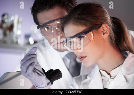 Life scientists researching in laboratory. Female young scientist and her post doctoral supervisor microscoping in their working environment. Healthcare and biotechnology. Stock Photo