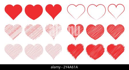 Set of red hearts - flat, outline and scribble - vector illustration Stock Vector