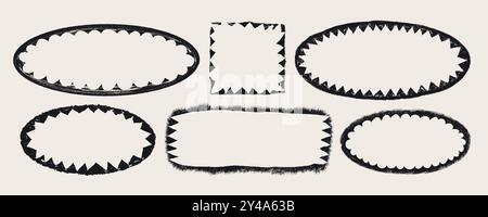 Rectangle and oval shape frames with rough textured edges. Grunge style black frames with ripped border. Black vintage paint stain silhouette isolated Stock Vector