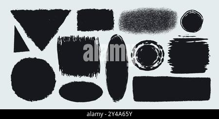Simple shapes with rough torn edges. Grunge style various figures with ripped border. Black vector collage torn paper piece or vintage paint stain Stock Vector
