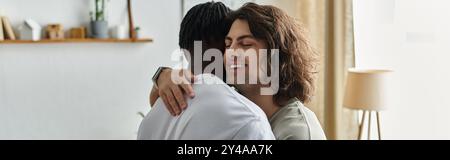 Two partners share a heartfelt embrace, radiating love and connection in their serene home. Stock Photo