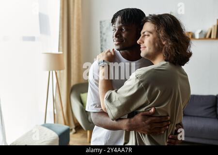 Two partners share a warm embrace in their living room, radiating love and connection. Stock Photo