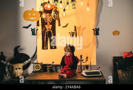 Halloween decoration and scary concept. Horror faces. Happy Halloween Weekends. Magic pumpkin. Children play with pumpkins and treat. 31 october Stock Photo