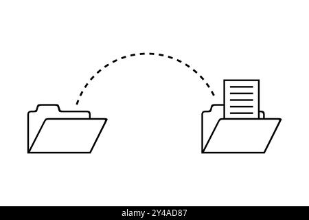 File transfer illustration. Dashed line connecting two folders. Document moving between folders. Simple outline style. Stock Vector