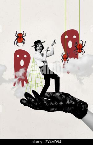 Vertical photo collage of happy man caballero dance halloween party spider net hand glove paranormal ghost isolated on painted background Stock Photo