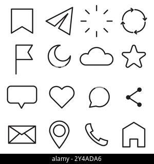 Icon set. Simple black outline symbols. Various communication and media icons. Vector illustration. Stock Vector