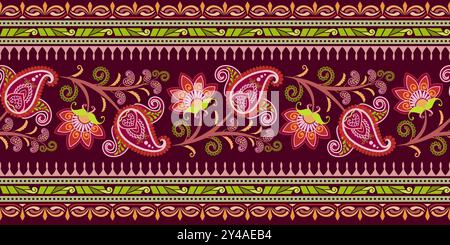 The colorful textile pattern features floral paisley motifs and delicate curling branches in red and green color on a dark red background. Stock Vector