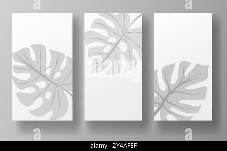 Three minimalist posters featuring gray monstera leaf designs on a white background with a subtle gray backdrop. Perfect for social media posts Stock Vector
