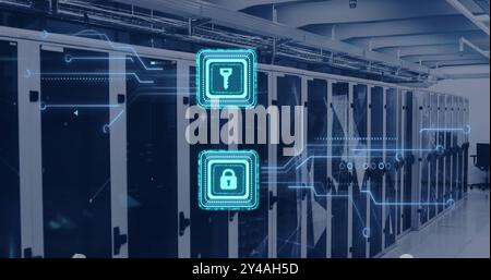 Image of digital data processing, padlock and key icons, circuit board and computer servers Stock Photo