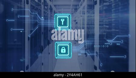 Image of digital data processing, padlock and key icons, circuit board and computer servers Stock Photo