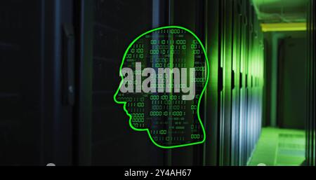 Image of ai binary coding, brain and data processing over computer servers Stock Photo