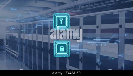 Image of digital data processing, padlock and key icons, circuit board and computer servers Stock Photo