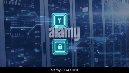 Image of digital data processing, padlock and key icons, circuit board and computer servers Stock Photo