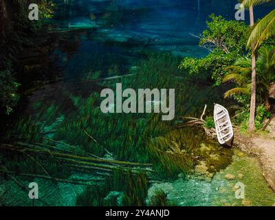 Most scenic tropical lake with transparent blue freshwater in Indonesia. Drone view Stock Photo