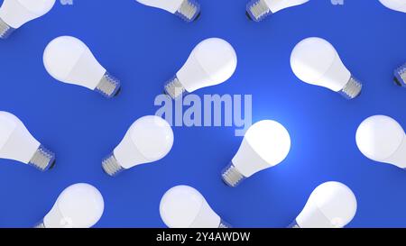 Light bulbs isolated on a blue background. One bulb glowing. 3d illustration. Stock Photo