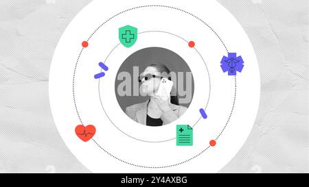 Contemporary art collage. Confident girl in glasses speaks on phone and calls for medical help surrounded by circular diagram with medical symbols. Stock Photo