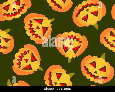 Halloween pumpkins seamless pattern. Halloween carved pumpkin face. Happy Halloween October 31st, trick or treat. Jack-o-lantern. Design for print, po Stock Vector
