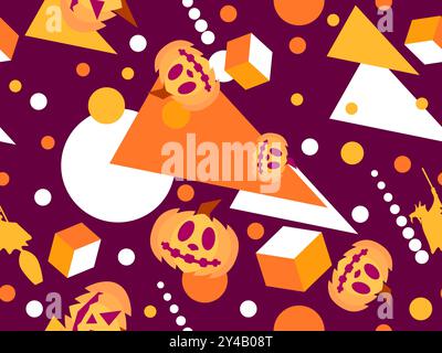 Halloween seamless pattern with geometric shapes in 80s Memphis style. Carved Halloween pumpkin with 3d cubes. Jack-o-lantern, trick or treat. Vector Stock Vector