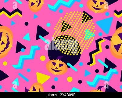 Halloween seamless pattern with geometric shapes in 80s Memphis style. Carved Halloween pumpkin with Halloween symbols and geometric shapes. Jack-o-la Stock Vector