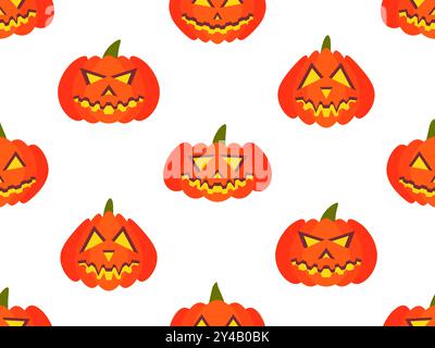 Halloween pumpkins seamless pattern. Halloween carved pumpkin face. Happy Halloween October 31st, trick or treat. Jack-o-lantern. Design for print, po Stock Vector