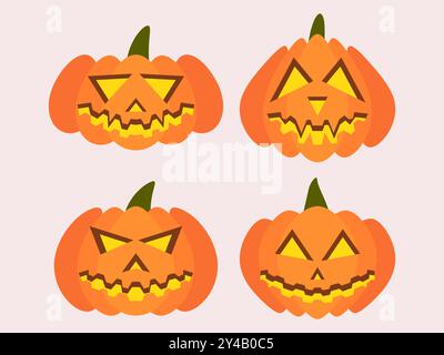 Halloween carved pumpkin icon set isolated on white background. Happy Halloween October 31st, trick or treat. Jack-o-lantern. Halloween pumpkins holid Stock Vector