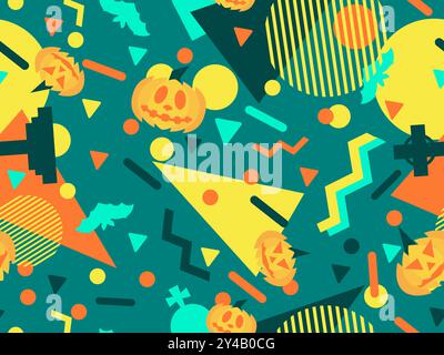 Halloween seamless pattern with geometric shapes in 80s memphis style. Halloween carved pumpkin with crosses and tombstones. Jack o lantern, trick or Stock Vector