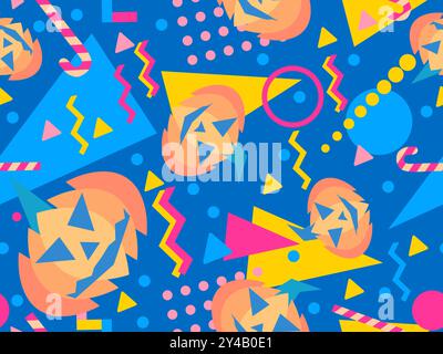 Halloween seamless pattern with geometric shapes in 80s memphis style. Halloween carved pumpkin with lollipops and geometric shapes. Jack o lantern, t Stock Vector