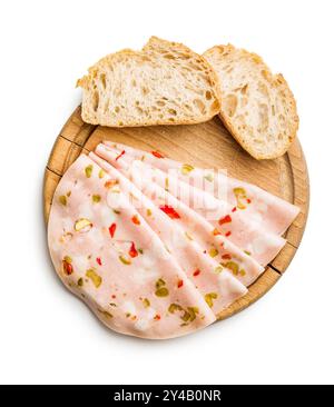 Slices of Sausage Mortadella isolated on a white background. Stock Photo
