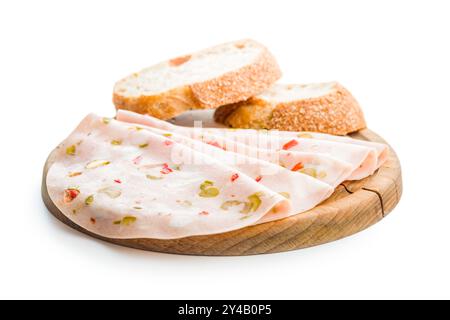 Slices of Sausage Mortadella isolated on a white background. Stock Photo