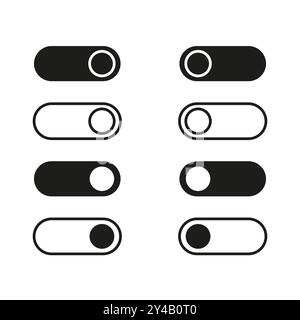 Set of eight toggle switch icons. Black and white vector controls. Simple on and off buttons. User interface concept. Stock Vector