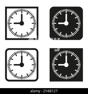 Clock icon set. Square analog clocks. Black and white dials. Time management concept. Stock Vector