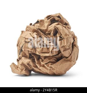 crumpled brown paper ball isolated white background, brownish tone wrinkled kraft sheet with folds ridges and creases tightly compressed into spherica Stock Photo