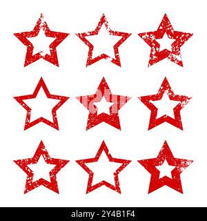 Red vintage stars with cracks and stains. Old hand-drawn sign, black simple shape. Retro design element with distressed effect, grunge texture. Vector Stock Vector
