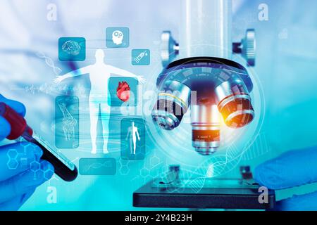 Research and Development Concepts for Scientists or Researchers Using Microscopes in Biotechnology Laboratories and Advanced Scientific Labs for Drug Stock Photo
