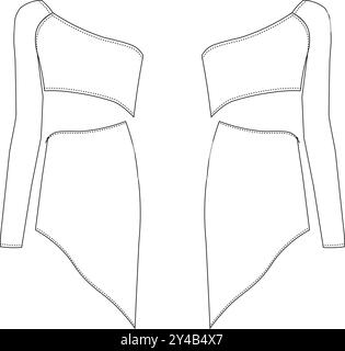 one shoulder asymmetric neck long sleeve two piece blouseasymmetric hem short skirt set dress technical drawing flat sketch Stock Vector