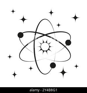Atomic symbol icon. Orbiting electrons graphic. Black and white science. Simple vector shape. Stock Vector