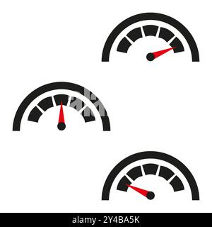 Speedometer gauge icon. Red needle detail. Semi-circle dial shape. Vector measurement symbol. Stock Vector