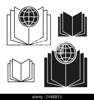 Open book icons with a globe symbol integrated into the design. Minimalist and bold style variations for education and global knowledge concepts. Stock Vector