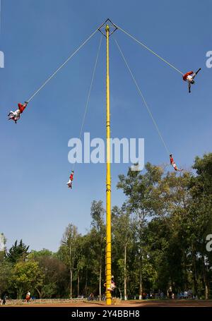 Mexico, El Tajin - Voladores (flying men) launching themselves from the platform atop the pole Stock Photo