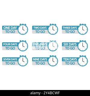Set of countdown timers. Bold 1 to 10 days to go text. Multiple day countdown focus. Vector time management. Stock Vector