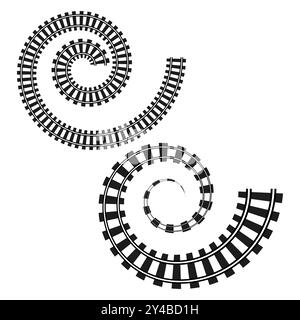 Spiral railway tracks. Curved train track graphic. Railroad track pattern. Vector spiral design. Stock Vector