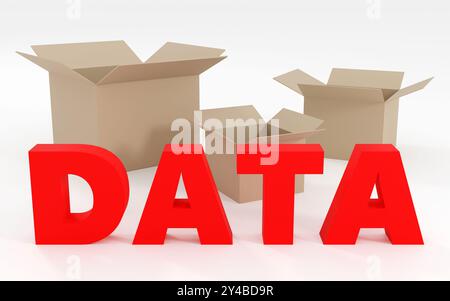 Luxury red inscription data on grey podium, soft light, front view smooth background, 3d rendering Stock Photo