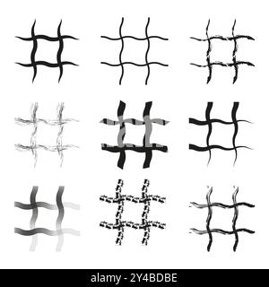 Wavy grid designs. Black abstract patterns. Vector decorative elements. Creative geometric shapes. Stock Vector