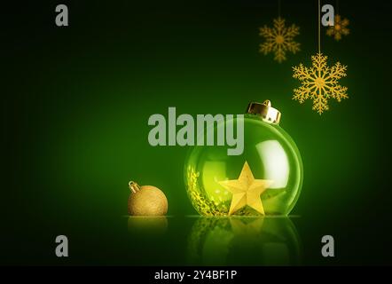 Christmas Ornaments, snowflakes and a star on a green background Stock Photo