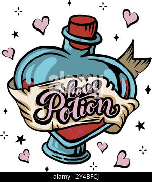 love potion t-shirt design, hand drawn lettering with creepy vibes isolated on white background, calligraphy graphic design typography element, handwr Stock Vector
