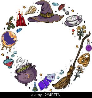 Halloween vector design, round frame with space for text in the middle. Geometric composition with spooky, scary icons. Flat illustration for greeting Stock Vector