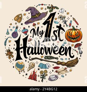 my first halloween magical collection of magic elements. Witch stuff, vector graphics, halloween t-shirt design Stock Vector