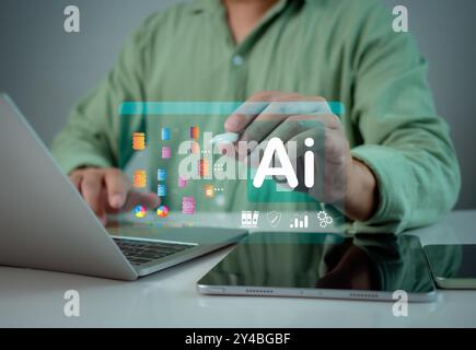 Concept of technology or using AI to help with work, Businessman showing modern technology on internet network AI technology in everyday life, Interne Stock Photo