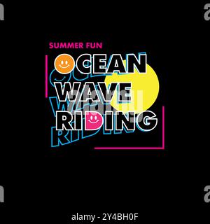 Ocean wave Riding summer fun typography vibrant smile lettering design Stock Vector